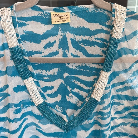 Blue and White Zebra Print Caftan Top or Coverup - Picture 3 of 5